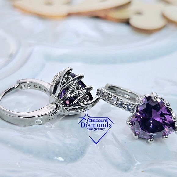 Purple Amethyst Dangle Earrings & White Baguette Diamonds on 925 Silver - Picture 6 of 9